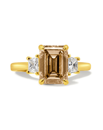 Engagement Ring 3.39 Carat TW Lab-grown Emerald Cut Champagne and Trapezoid Diamonds | 14kt Yellow Gold