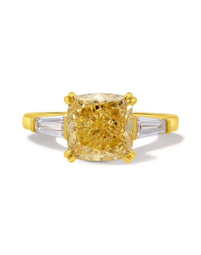 Engagement Ring 4.54 Carat TW Lab-grown Cushion Cut Yellow and Tapered Baguette Diamonds | 14kt Yellow Gold