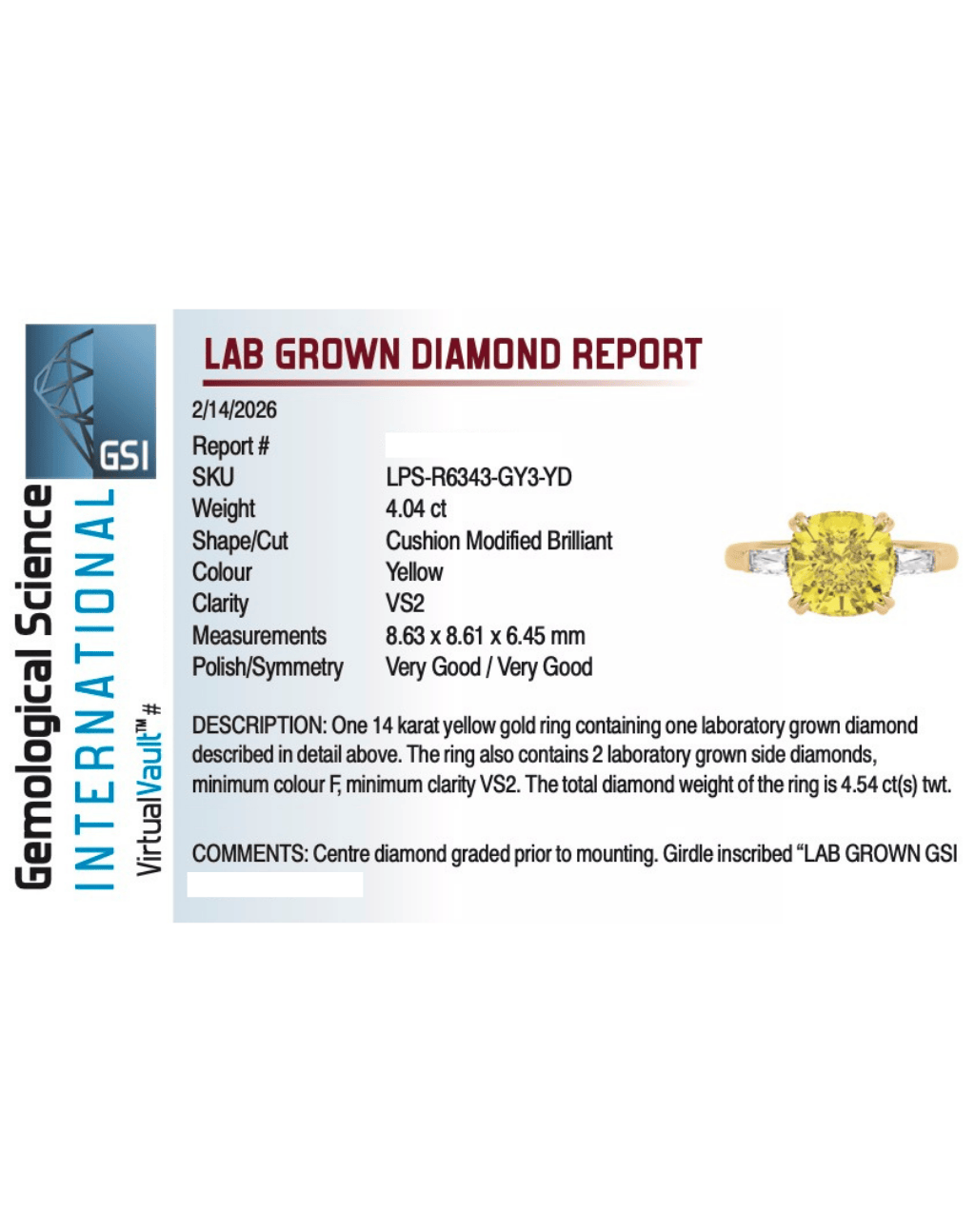Engagement Ring 4.54 Carat TW Lab-grown Cushion Cut Yellow and Tapered Baguette Diamonds | 14kt Yellow Gold