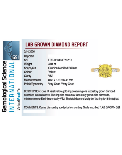 Engagement Ring 4.54 Carat TW Lab-grown Cushion Cut Yellow and Tapered Baguette Diamonds | 14kt Yellow Gold
