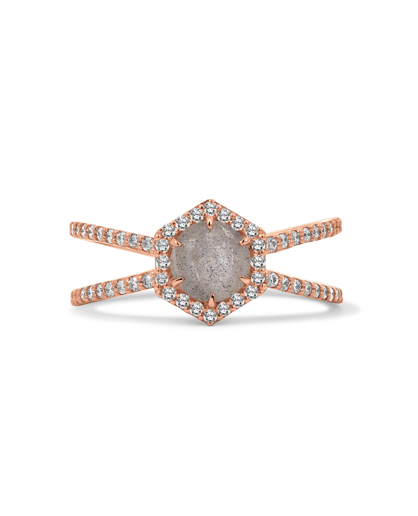 Geometric Halo Ring Labradorite & .26 Carat TW Diamond | 14kt Rose Gold