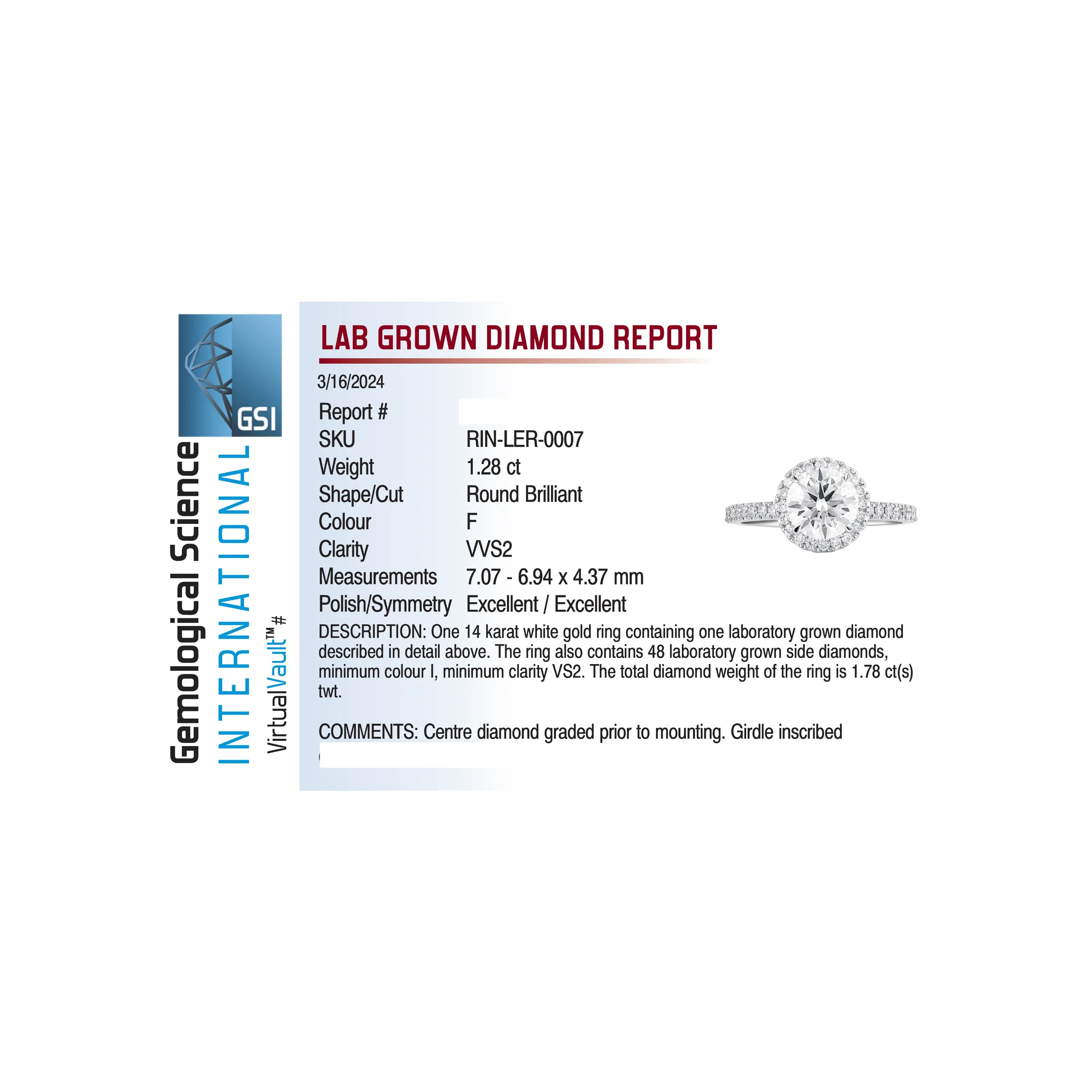 Halo Engagement Ring 1.78 Carat TW Lab-grown Round Brilliant Diamond | 14kt White Gold