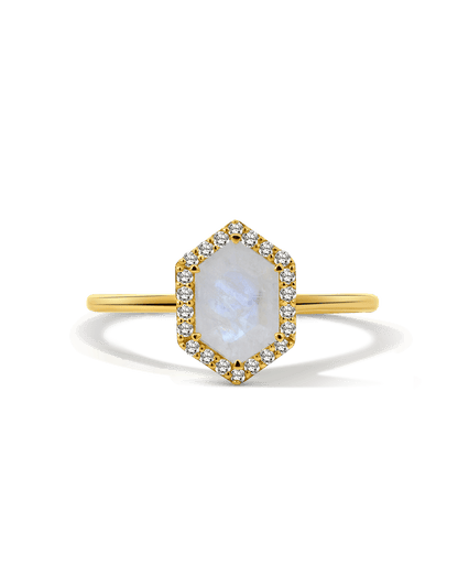 Halo Rainbow Moonstone Ring & .11 Carat TW Diamond | 14kt Yellow Gold