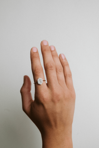 Halo Rainbow Moonstone Ring & .11 Carat TW Diamond | 14kt Yellow Gold