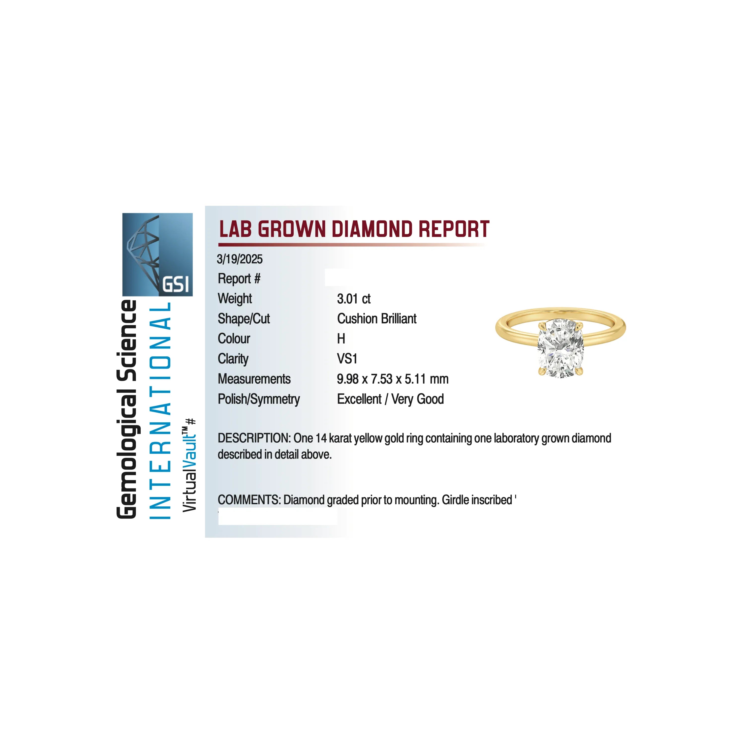 Solitaire Engagement Ring 3.01 Carat Lab-grown Cushion Diamond | 14kt Yellow Gold