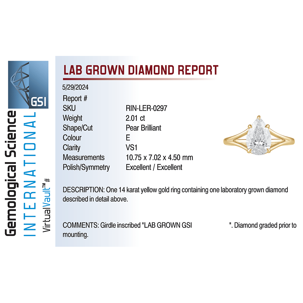 Solitaire Engagement Ring 2.00 Carat Lab-grown Pear Shaped Diamond | 14kt Yellow Gold