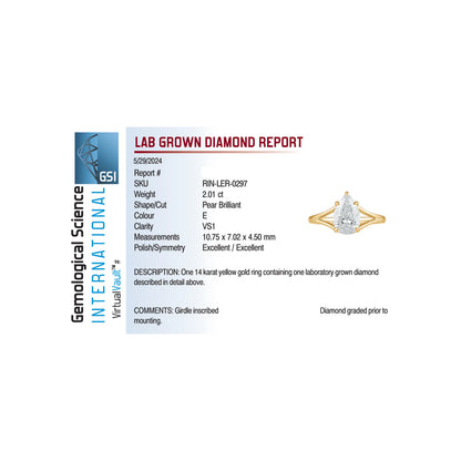 Solitaire Engagement Ring 2.01 Carat Lab-grown Pear Shaped Diamond | 14kt Yellow Gold