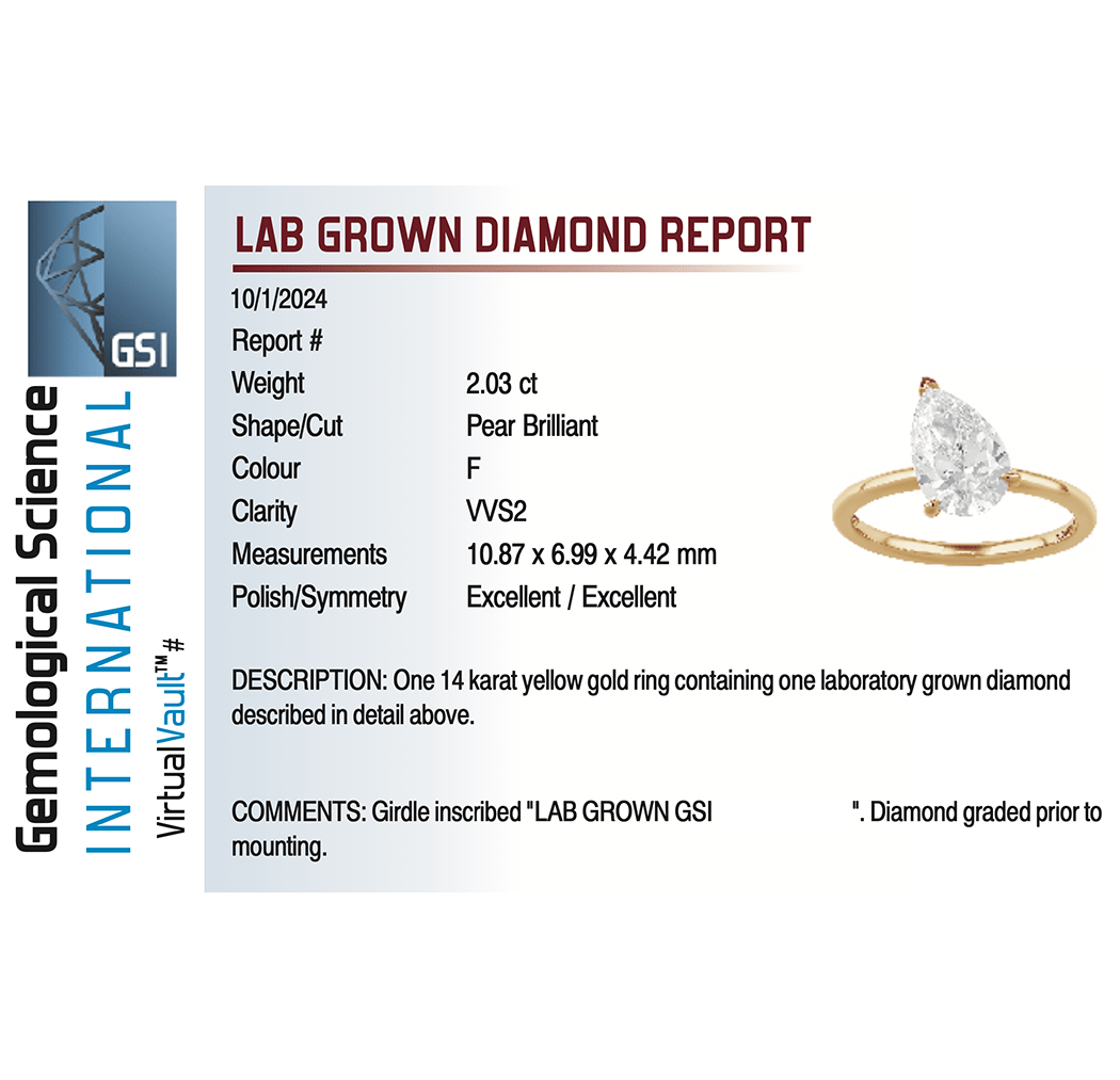 Solitaire Engagement Ring 2.03 Carat Lab-grown Pear Shape Diamond | 14kt Yellow Gold