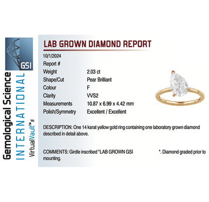 Solitaire Engagement Ring 2.03 Carat Lab-grown Pear Shape Diamond | 14kt Yellow Gold