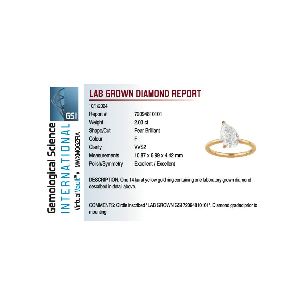 Solitaire Engagement Ring 2.03 Carat Lab-grown Pear Shape Diamond | 14kt Yellow Gold