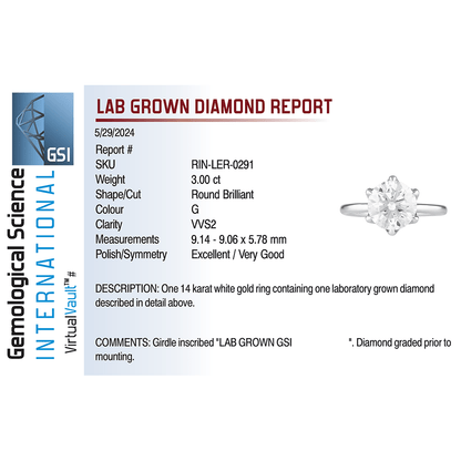 Solitaire Engagement Ring 3.00 Carat Lab-grown Round Brilliant Diamond | 14kt White Gold