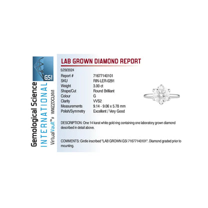 Solitaire Engagement Ring 3.00 Carat Lab-grown Round Brilliant Diamond | 14kt White Gold
