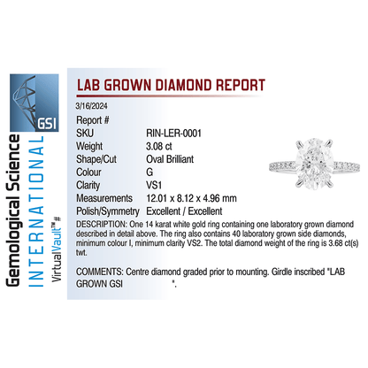 Solitaire Engagement Ring 3.60 Carat TW Lab-grown Oval Diamond | 14kt White Gold