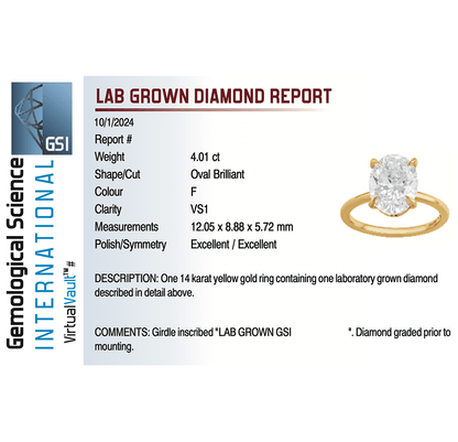 Solitaire Engagement Ring 4.01 Carat Lab-grown Oval Diamond | 14kt Yellow Gold