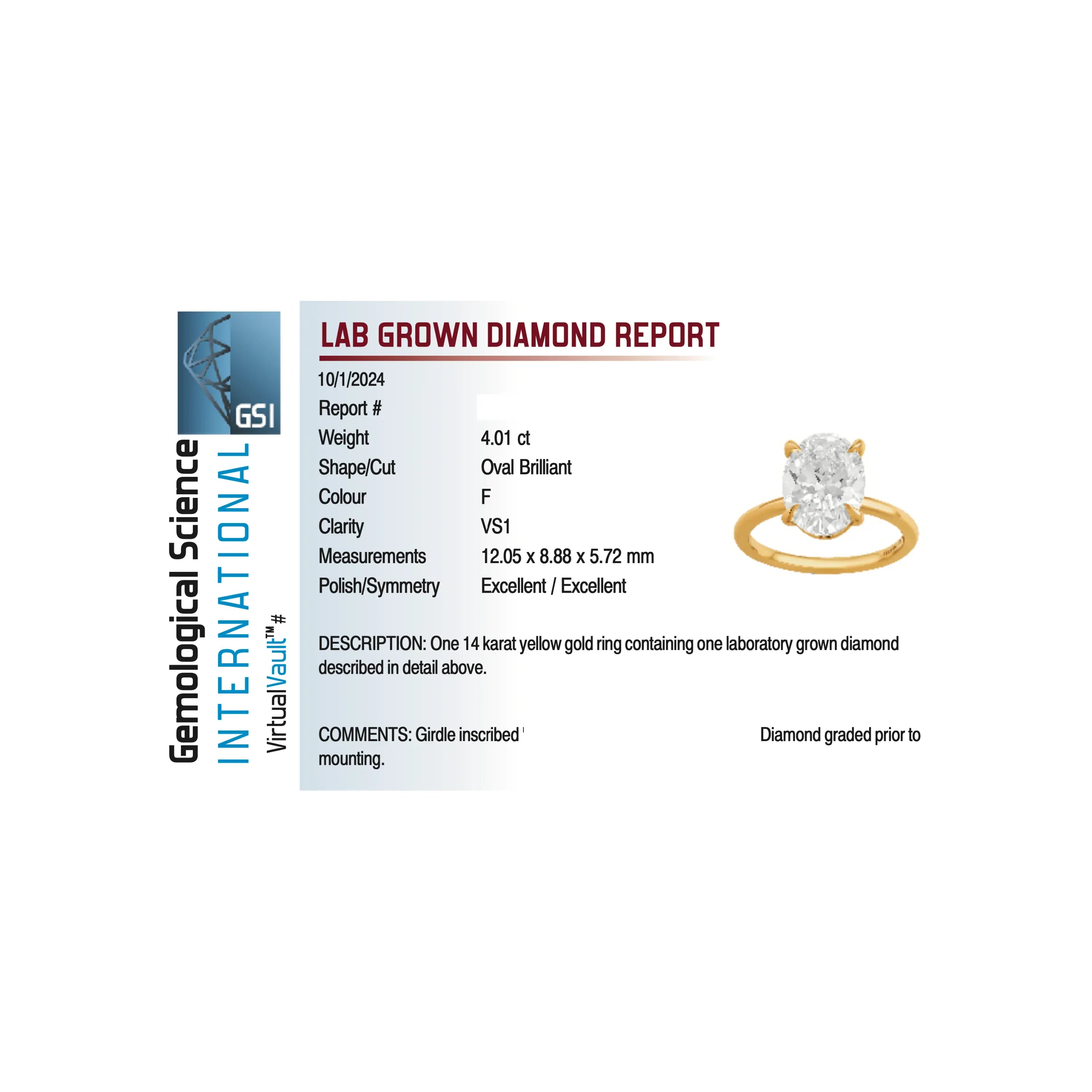 Solitaire Engagement Ring 4.01 Carat Lab-grown Oval Diamond | 14kt Yellow Gold