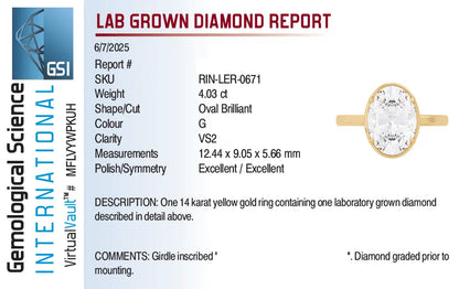 Solitaire Engagement Ring 4.03 Carat Lab-grown Oval Diamond | 14kt Yellow & White Gold