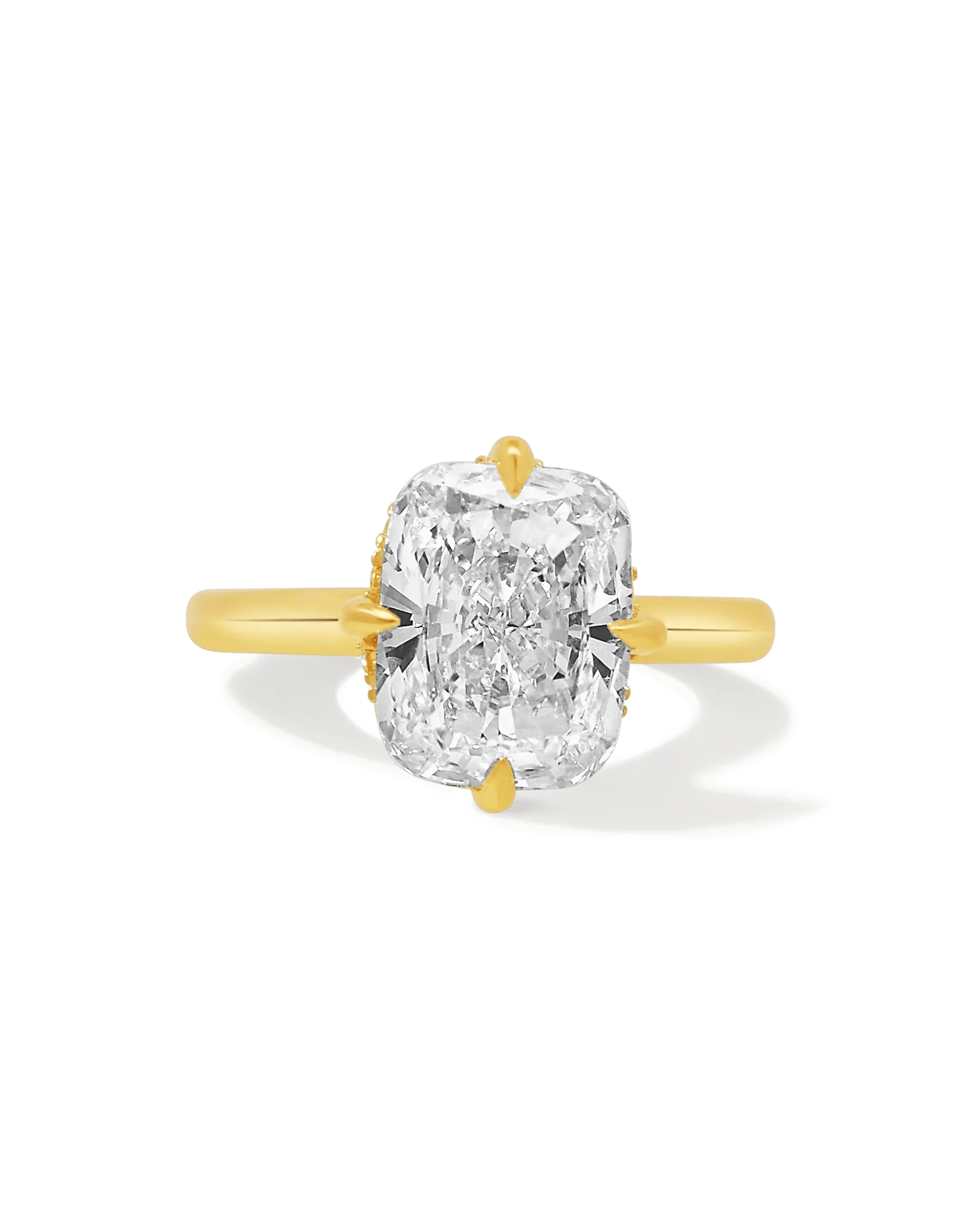 Solitaire Engagement Ring 4.20 Carat TW Lab-grown Elongated Cushion Diamond with Halo | 14KT Yellow Gold