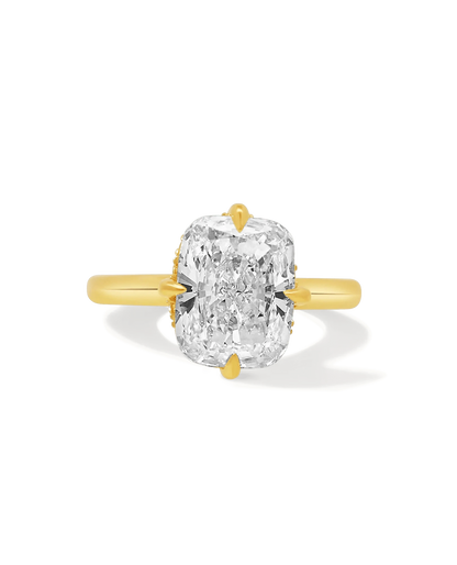 Solitaire Engagement Ring 4.20 Carat TW Lab-grown Elongated Cushion Diamond with Halo | 14KT Yellow Gold