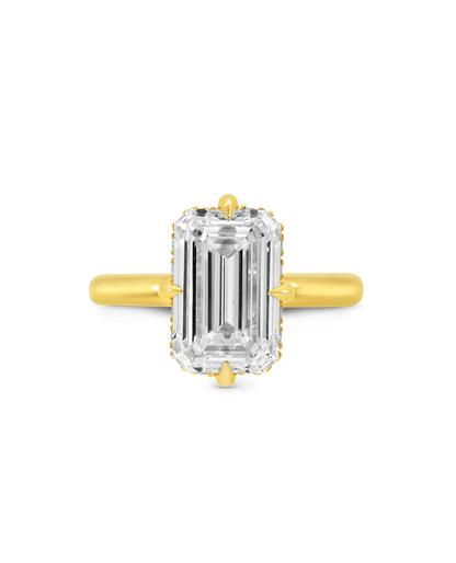 Solitaire Engagement Ring 4.50 Carat TW Lab-grown Elongated Cushion Diamond with Halo | 14KT Yellow Gold