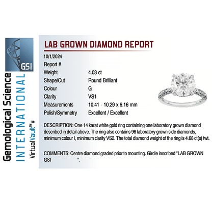 Solitaire Engagement Ring 4.68 Carat TW Lab-grown Round Brilliant Diamond | 14kt White Gold