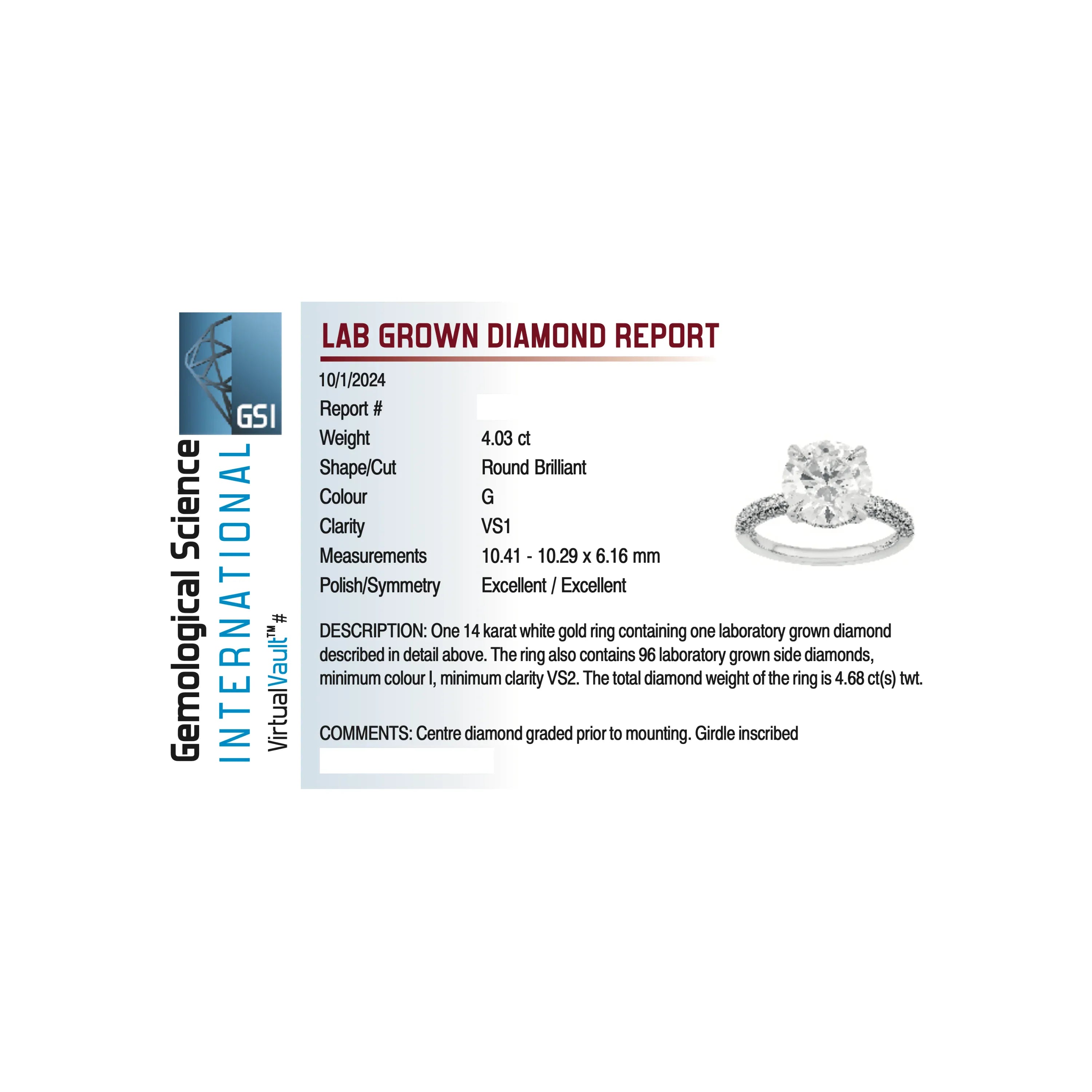 Solitaire Engagement Ring 4.68 Carat TW Lab-grown Round Brilliant Diamond | 14kt White Gold