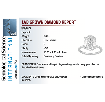 Solitaire Engagement Ring 5.05 Carat Lab-grown Oval Diamond | 14kt White Gold