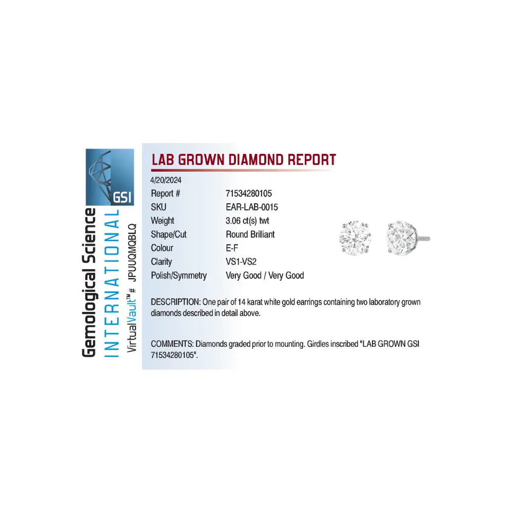 Solitaire Stud Earrings 3.06 Carat TW Lab-grown Diamonds | 14kt White Gold