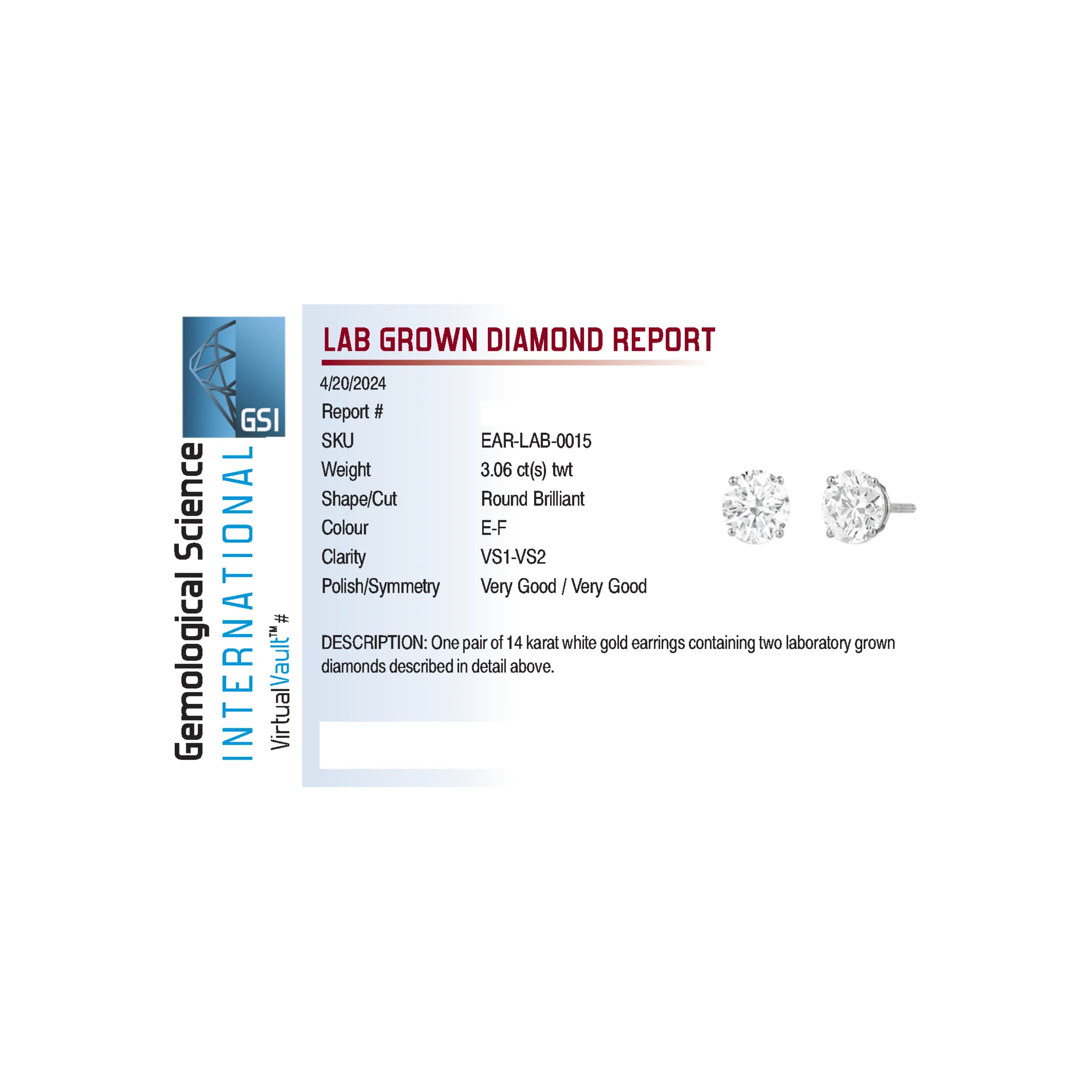 Solitaire Stud Earrings 3.06 Carat TW Lab-grown Diamonds | 14kt White Gold