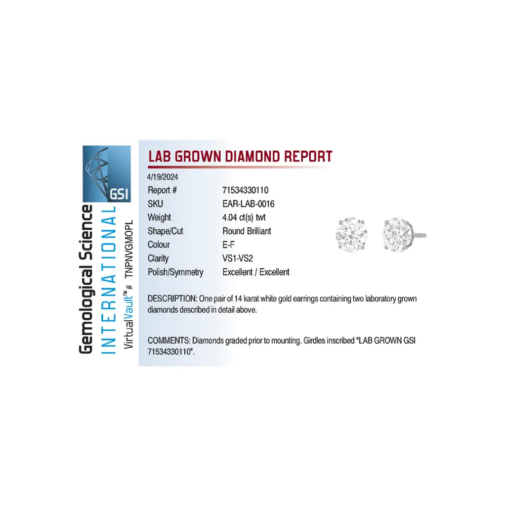 Solitaire Stud Earrings 4.04 Carat TW Lab-grown Diamonds | 14kt White Gold