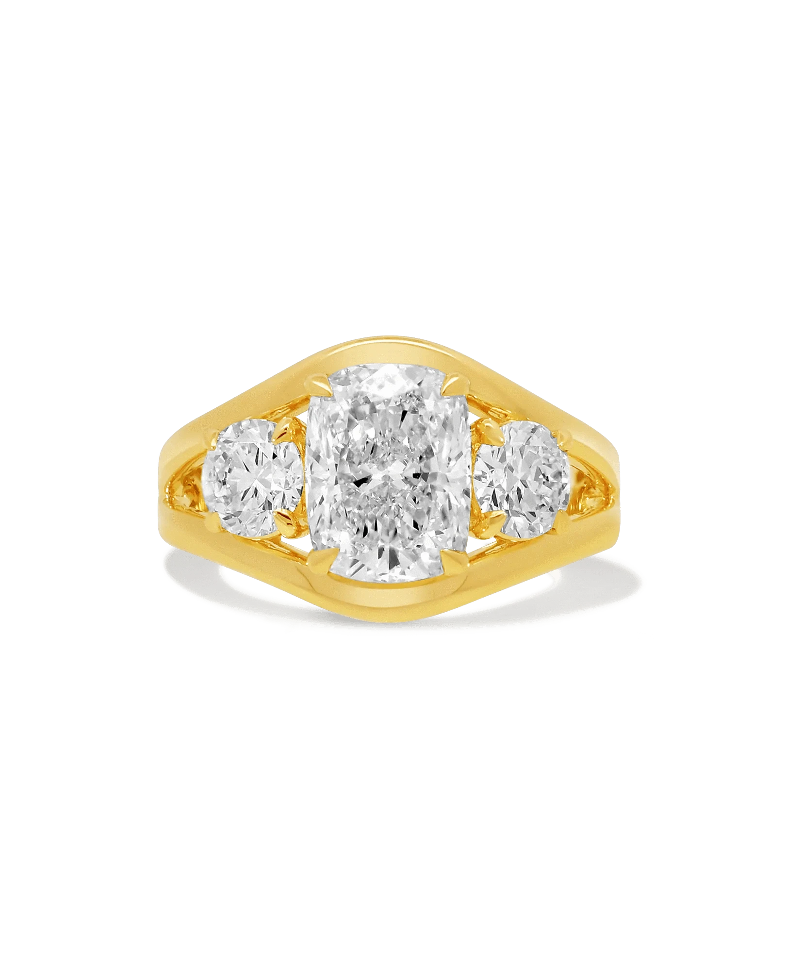 Three Stone Engagement Ring 3.50 Carat TW Lab-grown Elongated Cushion Diamond | 14kt Yellow Gold