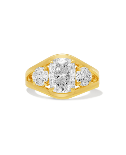 Three Stone Engagement Ring 3.50 Carat TW Lab-grown Elongated Cushion Diamond | 14kt Yellow Gold
