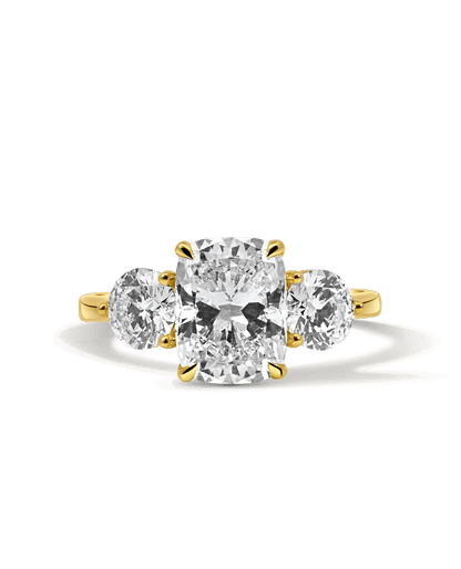 Three Stone Engagement Ring 3.50 Carat TW Lab-grown Elongated Cushion & Round Brilliant Diamond | 14kt Yellow Gold