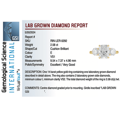 Three Stone Engagement Ring 3.50 Carat TW Lab-grown Elongated Cushion & Round Brilliant Diamond | 14kt Yellow Gold