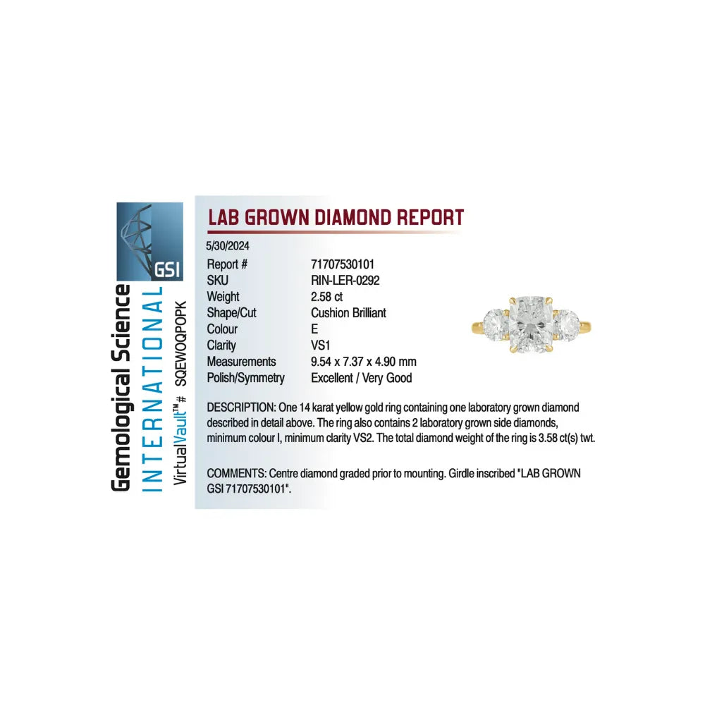 Three Stone Engagement Ring 3.50 Carat TW Lab-grown Elongated Cushion & Round Brilliant Diamond | 14kt Yellow Gold