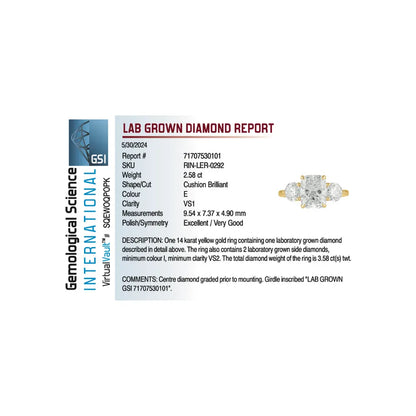 Three Stone Engagement Ring 3.50 Carat TW Lab-grown Elongated Cushion & Round Brilliant Diamond | 14kt Yellow Gold