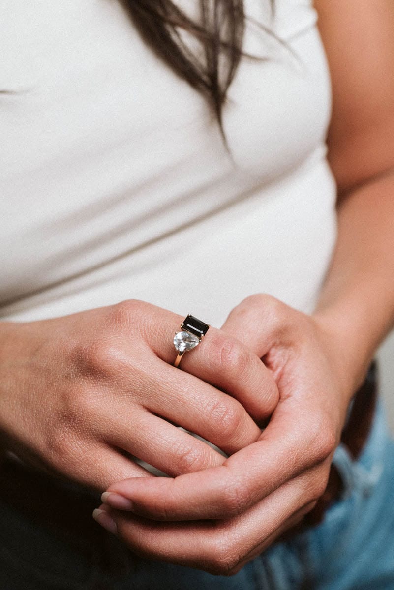 Toi et Moi Ring Onyx & White Topaz | 14kt Yellow Gold