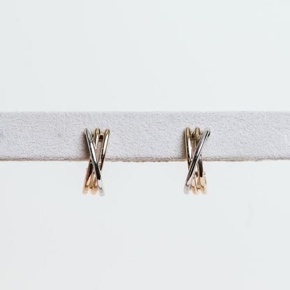 Triple Row Crossover Earrings | 10KT Yellow/White Gold